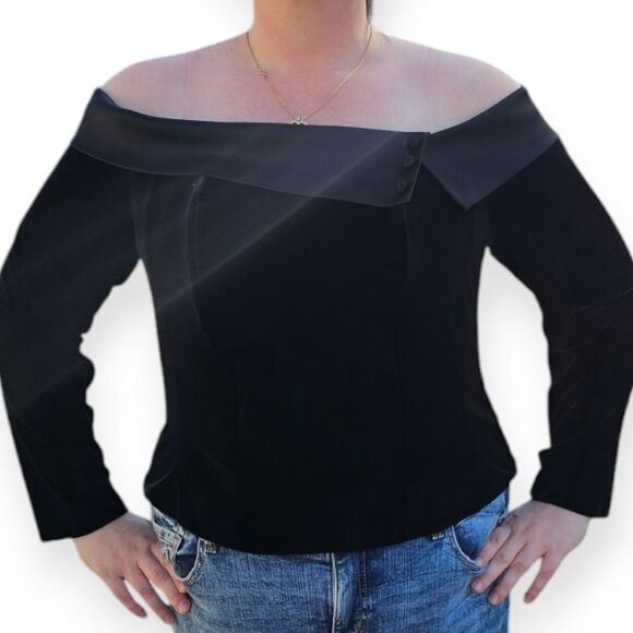 Vintage Alex Evenings Black Velvet Off Shoulder Top - Picture 2 of 10